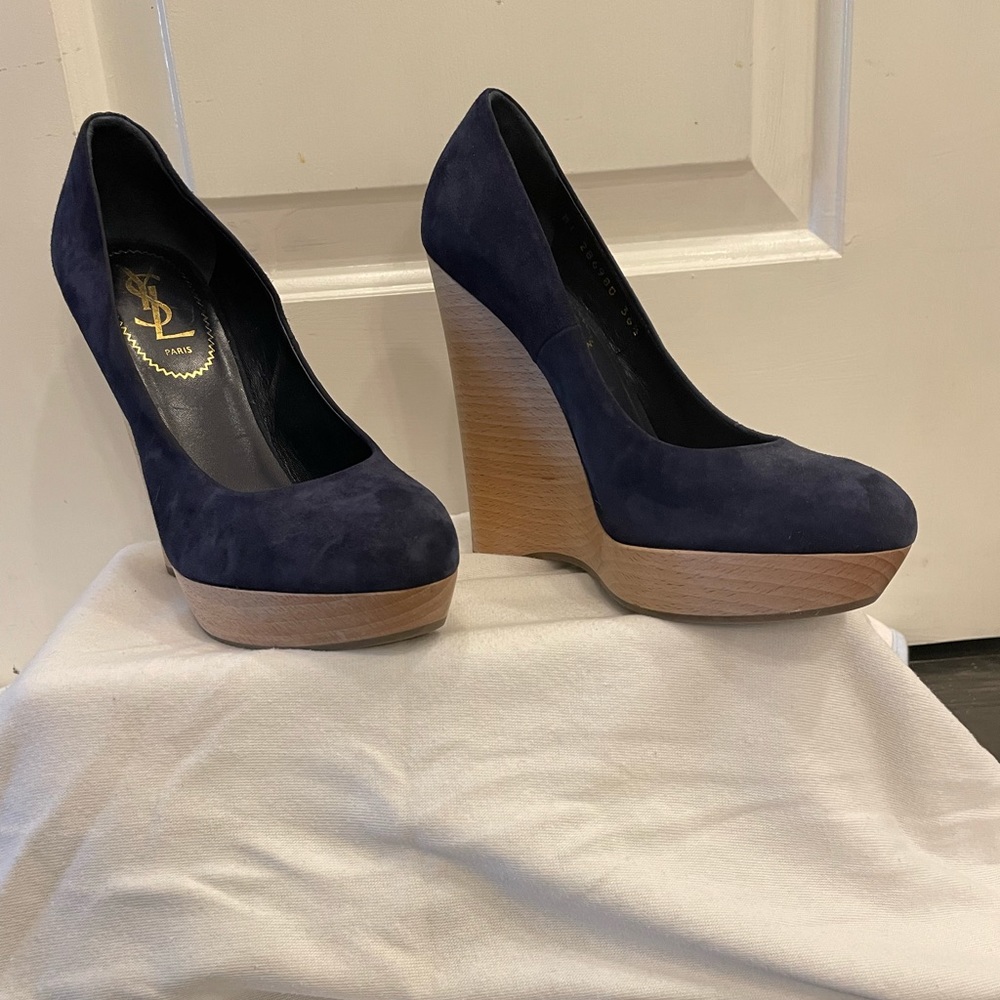 YSL Saint Maryna Navy Suede Wedge Sandals sz EU 36.5